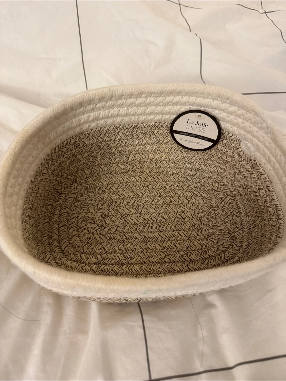 Cream and Tan Woven Storage Basket